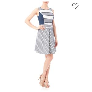 NYDJ Fit and Flare Dress Navy Blue White Stripe Slimming 10